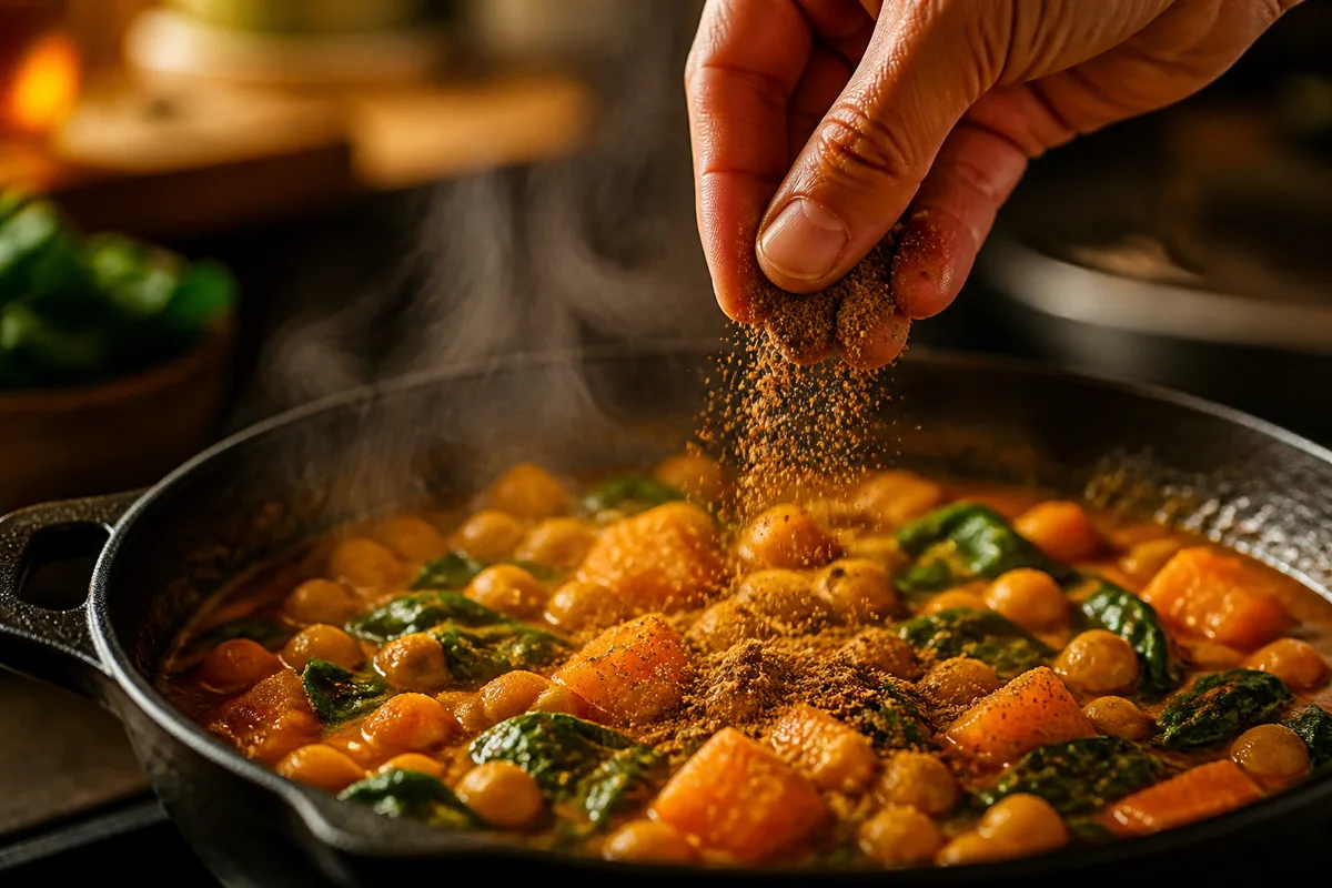 Cuisinier saupoudrant une pincée d’épices moulues sur un curry de légumes fumant en fin de cuisson