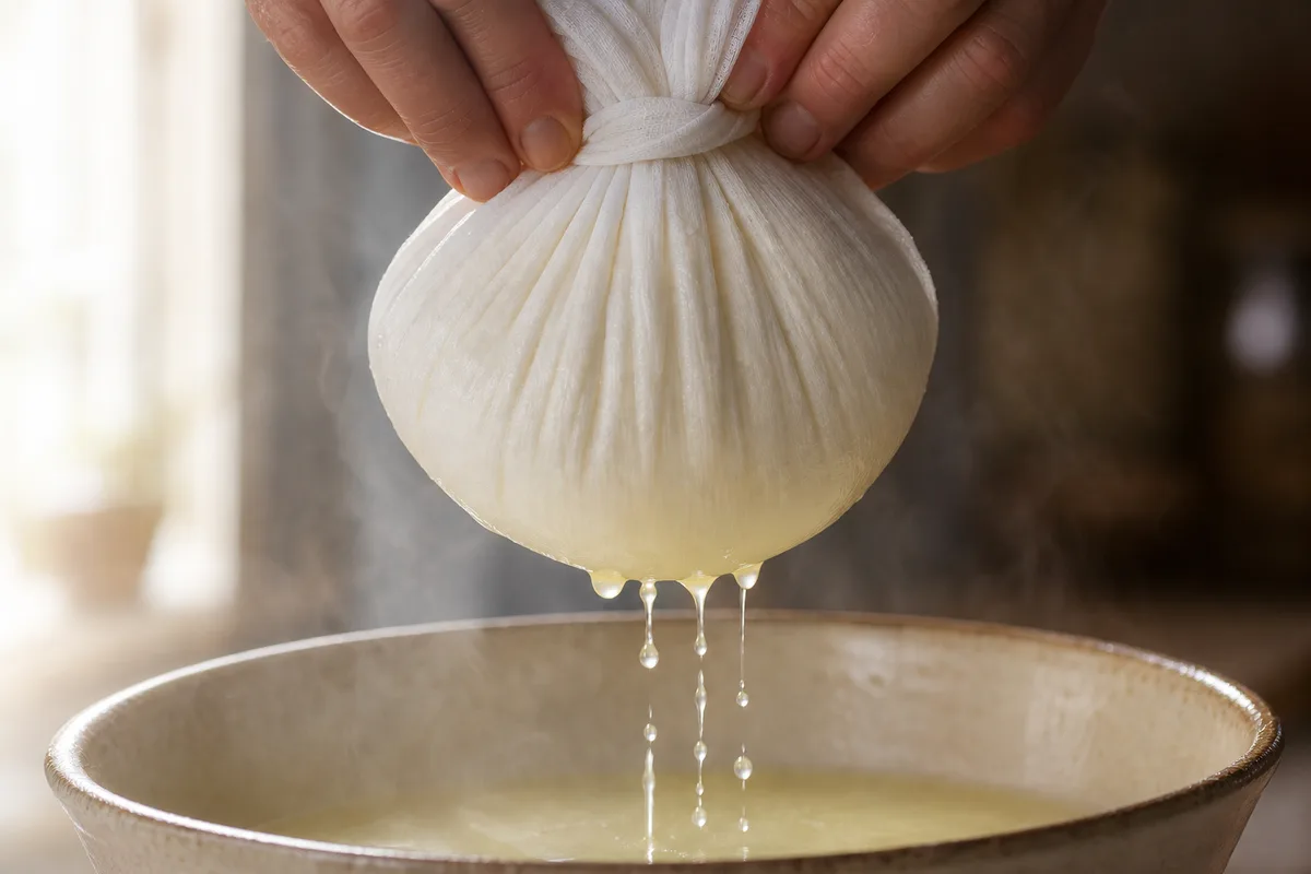 Étamine blanche suspendue au-dessus d’un bol, caillé de lait en train de s’égoutter dans une cuisine lumineuse