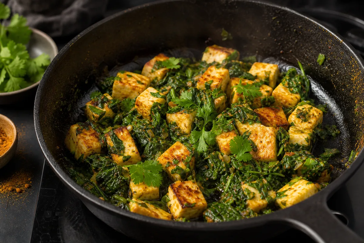 Poêle en fonte avec des cubes de paneer dorés, épinards et coriandre fraîche, lumière naturelle de cuisine