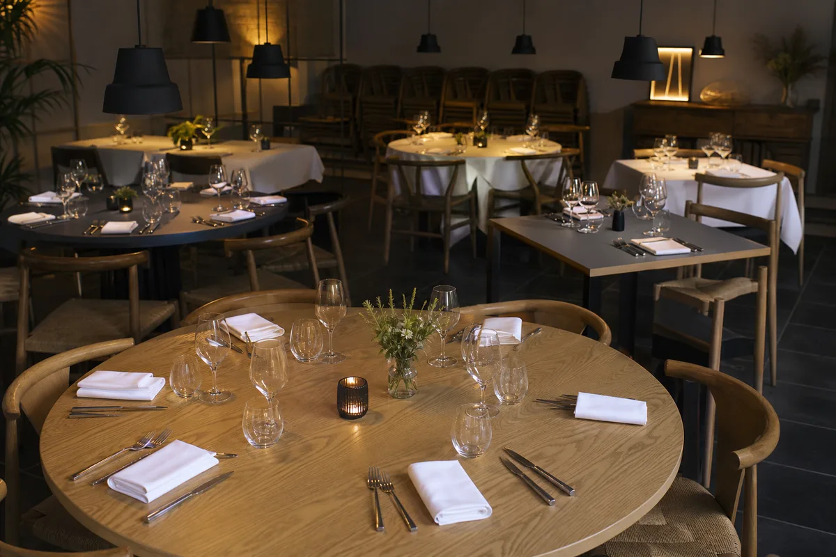 Salle de restaurant avec plusieurs tables dressées aux matériaux variés, nappage soigné et lumière naturelle