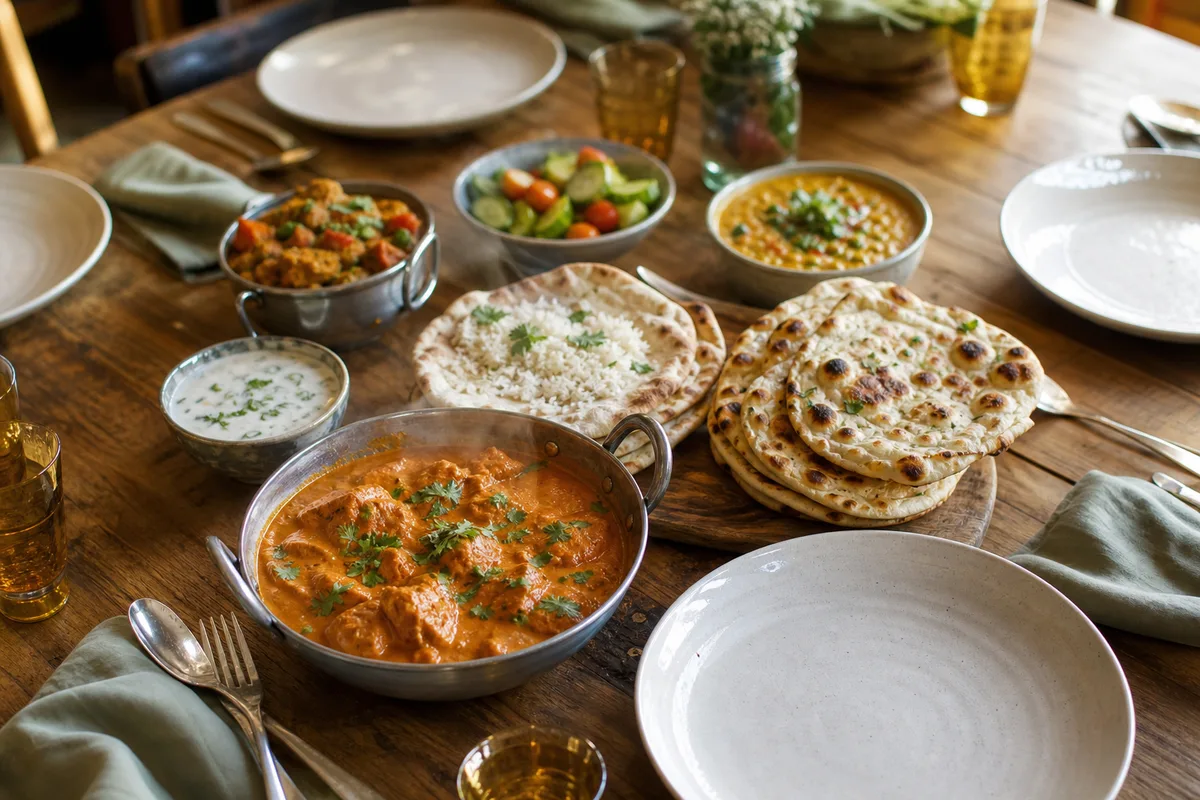 Grande table de restaurant en bois avec plusieurs plats indiens partagés au centre, ambiance conviviale